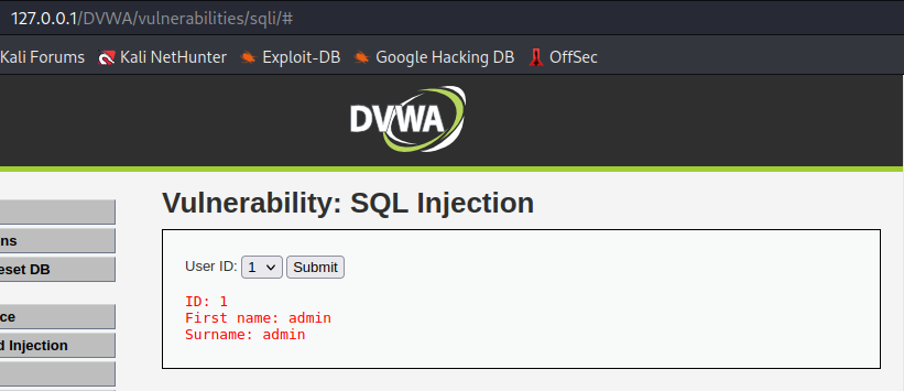 Inyección SQL en la máquina DVWA
